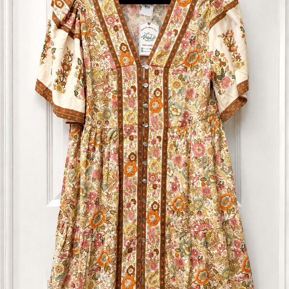 Dresses & Skirts - Boho Floral Button-Front Tiered Dress in Cream, Orange & Pink NWT